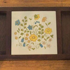 Floral Ceramic Tile with Wooden Frame